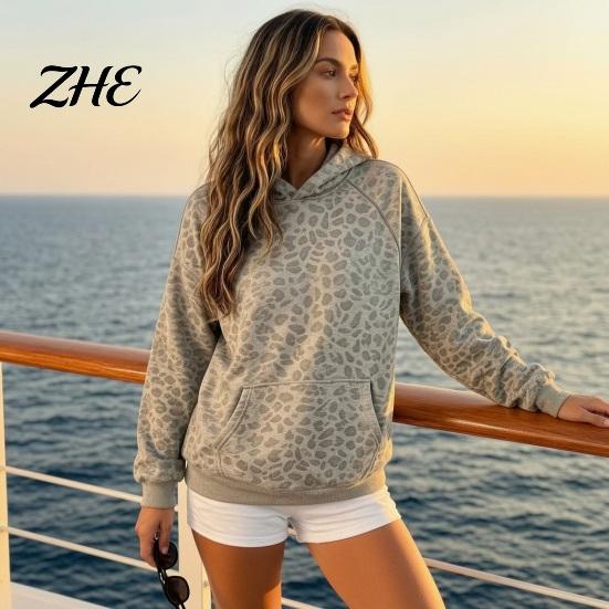 Relaxed Fit Hoodie Women Leopard Print Hoodie, Oversized Drop Shoulder Hooded Sweatshirt with Pocket, Comfortable Long Sleeve Loose Casual Pullover