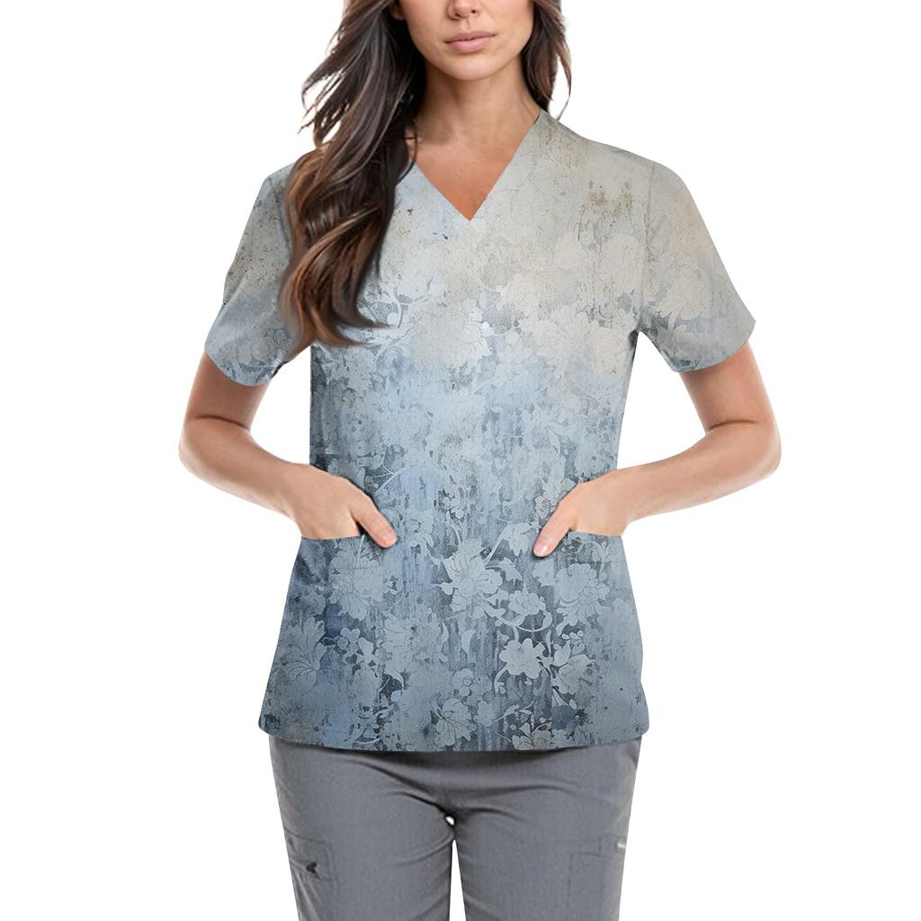 Женская симпатичная принтованная рабочая одежда с V-образным вырезом, двухслойными карманами, базовым коротким рукавом, пуловером ко Дню святого Валентина