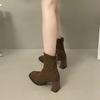 Французская коровья кожа тонкие ботинки высокий каблук короткие ботинки женские осенне-зимние новые квадратный носок темперамент ботинки Мартин облегающие эластичные ботинки