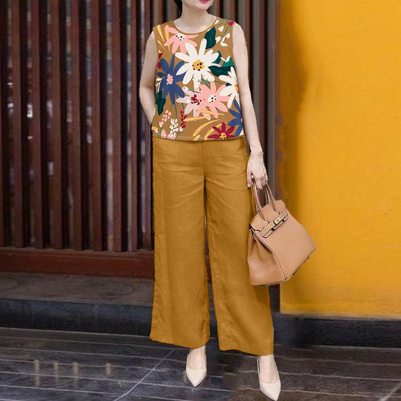 ZANZEA Женский летний костюм-двойка: жилет без рукавов с принтом и брюки