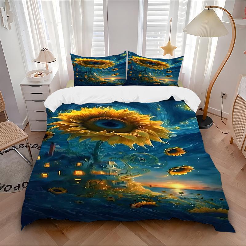 3pcs Sunflower Fantasy Bedding Set, Includes One Quilt Cover and Two Pillowcases (No Core), Festival Gift, Polyester Fabric, Anime Cartoon