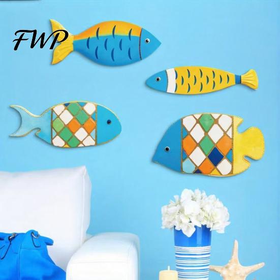 Bathroom Wall Art Fish 4 Pcs Wooden Nautical Decor Rustic Coastal Ocean Kitchen Decoration Vintage Beach Lake House Hanging Sculpture for Bedroom