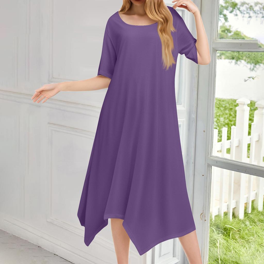 Женское повседневное модное платье миди с круглым вырезом и коротким рукавом, однотонное, с неровным подолом
