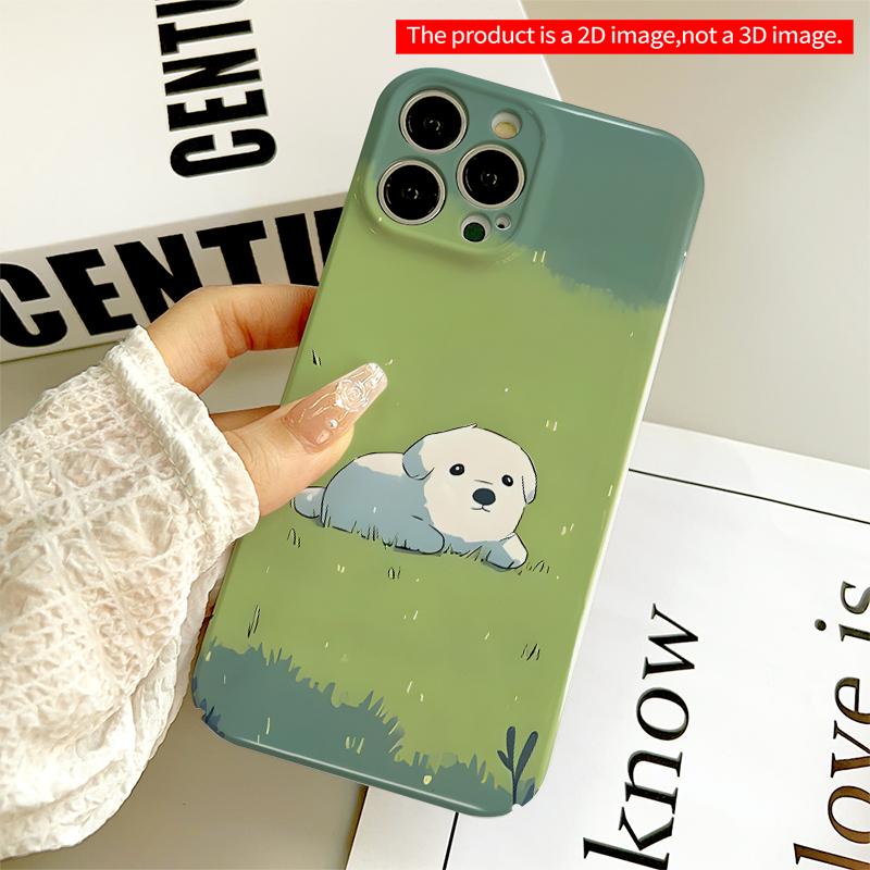 2DFlat Cute White Puppy in Green Grass Phone Case All inclusive film hard iPhone case, compatible with iPhone 18 Pro Max 17 16 15 14 13 12 11