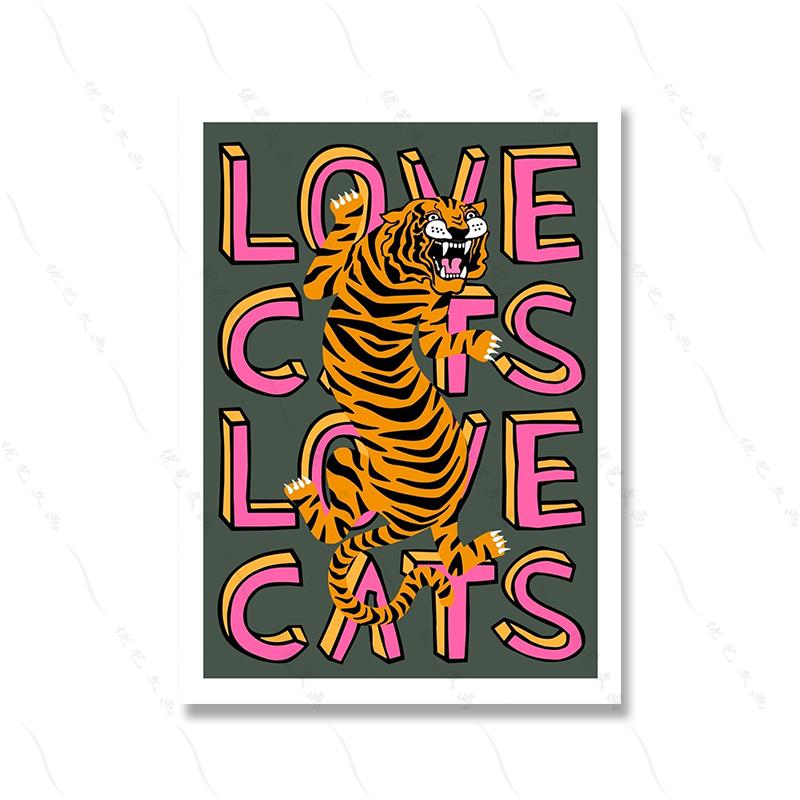 Love Cats Tiger Leopard Портрет Синий Художественный Принт Мультфильм Детская Комната Настенный Плакат Цитата Красочный Прохладный Холст Картина Домашний Декор