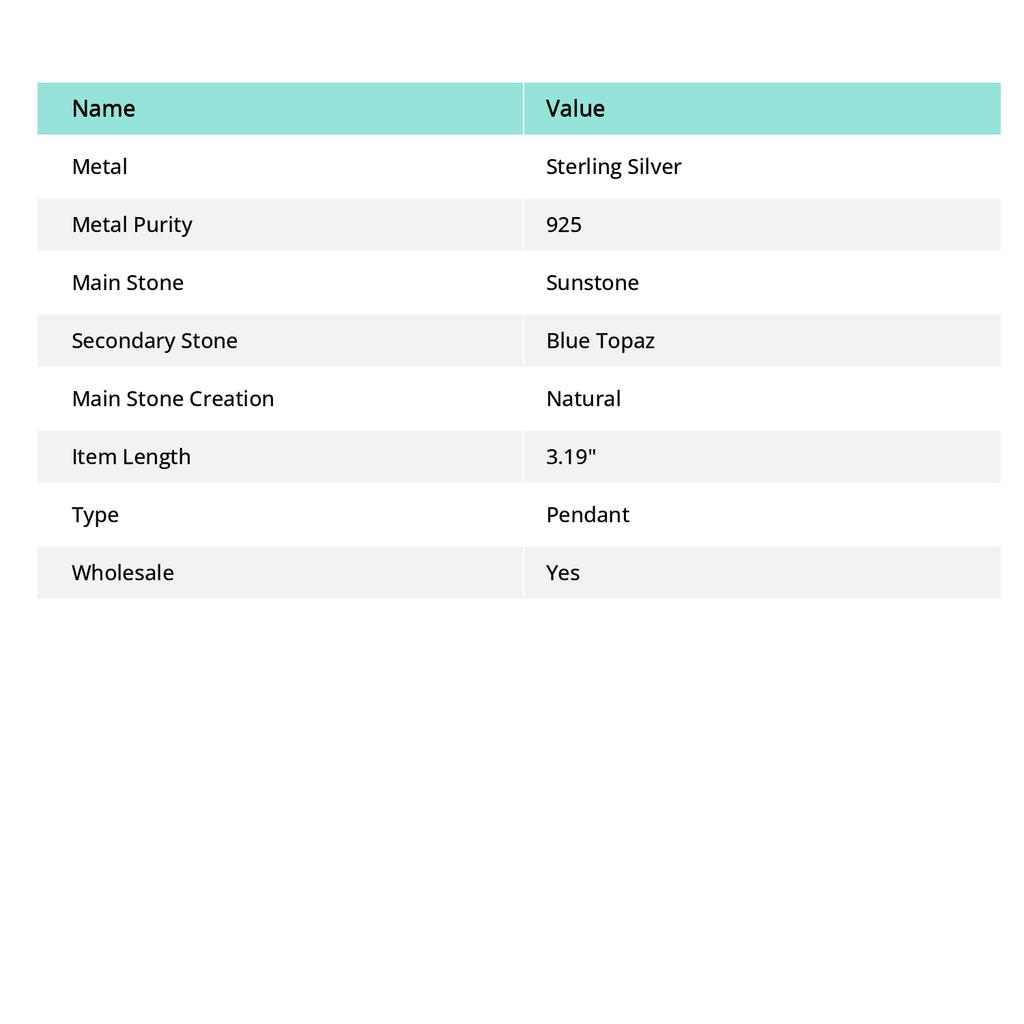 Натуральный Солнечный камень, Голубой Топаз Серебро 925 пробы Ювелирная подвеска 3.19" e6i81
