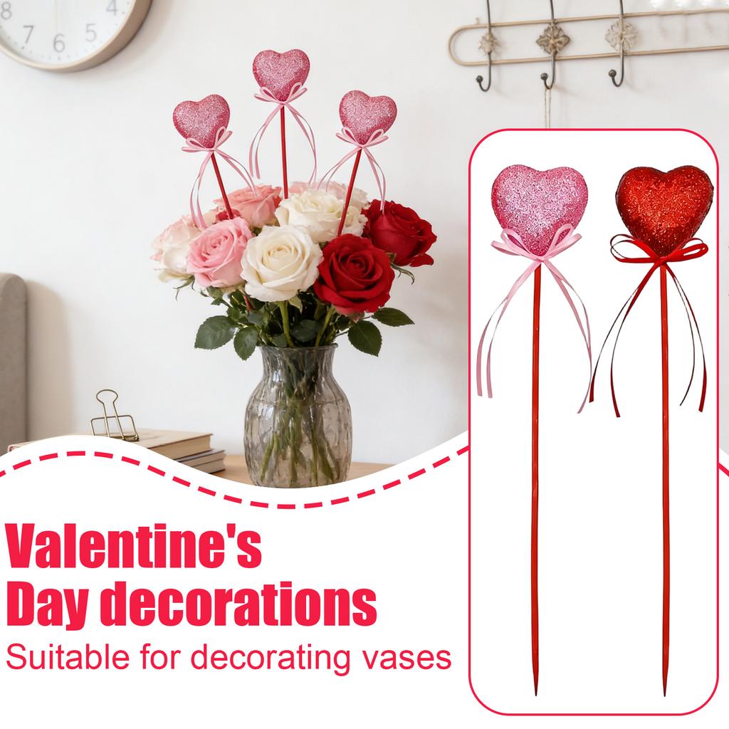10pcs Valentine's Day Glitter Heart Decor Picks Red Pink Ribbon Ornaments Wedding Party Flower Arrangement Table Decor