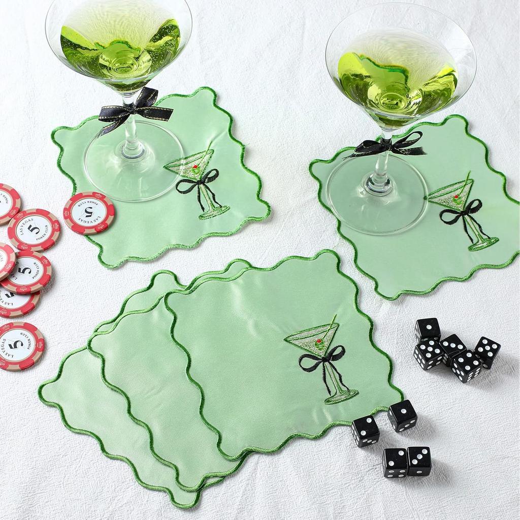 12 шт. Тканевые салфетки для коктейля Мартини с вышивкой по краю Немного старые Принадлежности для вечеринки 15x15 см Моющаяся полиэстеровая атласная ткань для коктейля Мартини