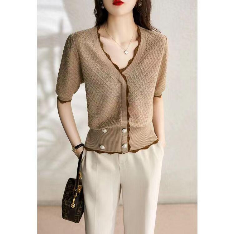 Женская трикотажная футболка с короткими рукавами, летняя новая модная приталенная футболка с V-образным вырезом, футболка из ледяного шелка