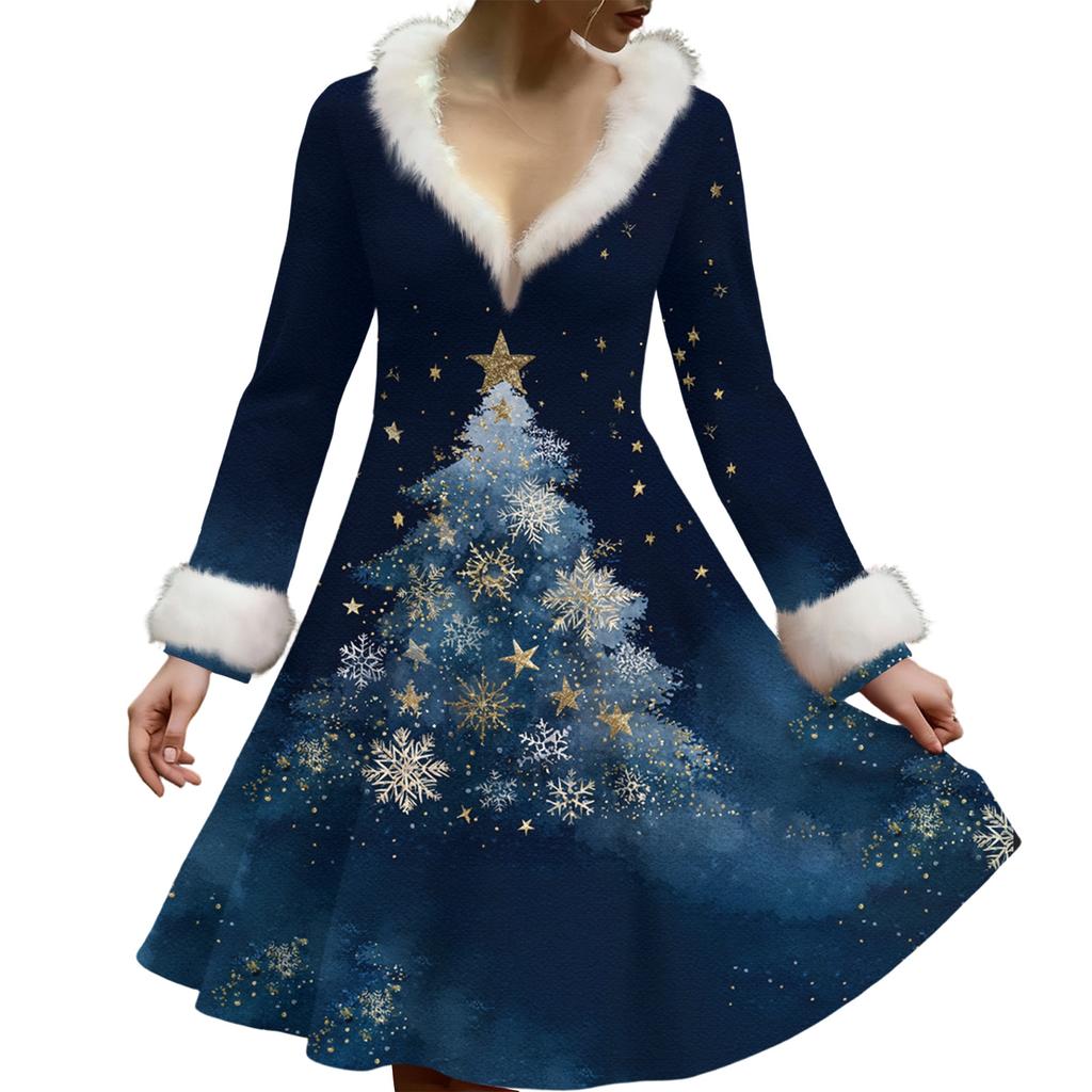 Женское повседневное платье с V-образным вырезом, рождественским принтом, плюшевыми длинными рукавами