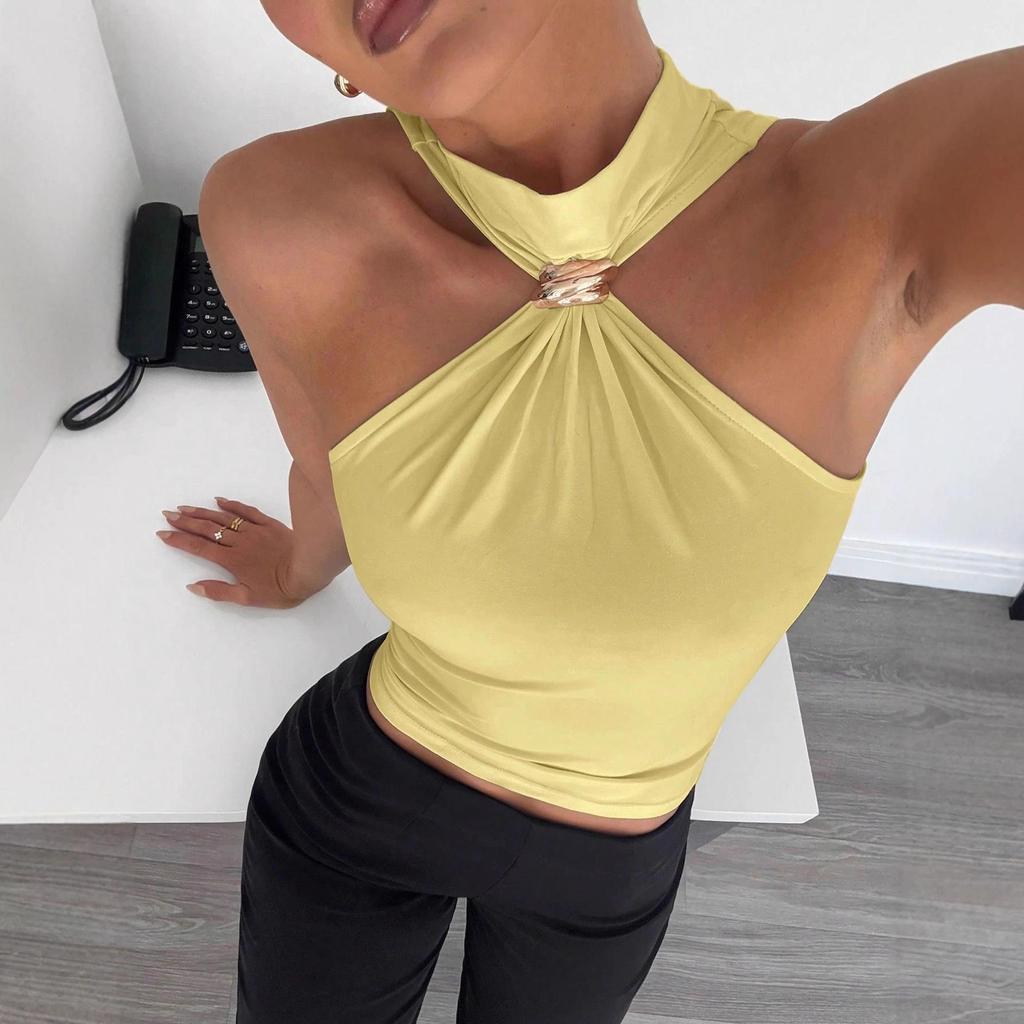 2025 Весна/Лето Женский Топ с высоким воротом, металлическим кольцом, без рукавов, с открытыми плечами, эластичный жилет