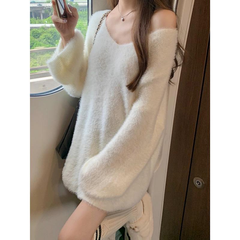 Women's Off-Shoulder Long-Sleeve Sweater, Soft Fluffy Knit, Autumn/Winter Mid-Length Loose Top