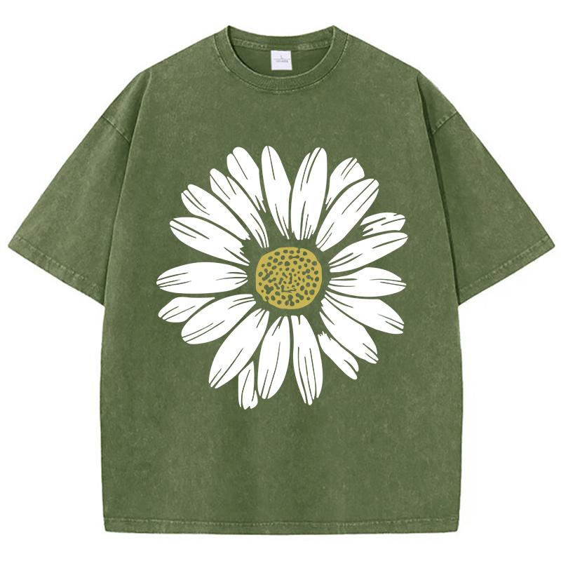 Simple Beautiful Sunflower Prints Washed TShirts Women Cottont Shirts ONeck Oversized Acid Wash Tops Vintage Woman Streetwear