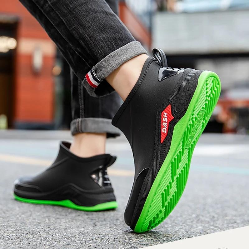 Мужские резиновые сапоги Новые резиновые сапоги с коротким голенищем Уличные водонепроницаемые и противоскользящие рыболовные ботинки с хлопком Легкие дождевые ботинки