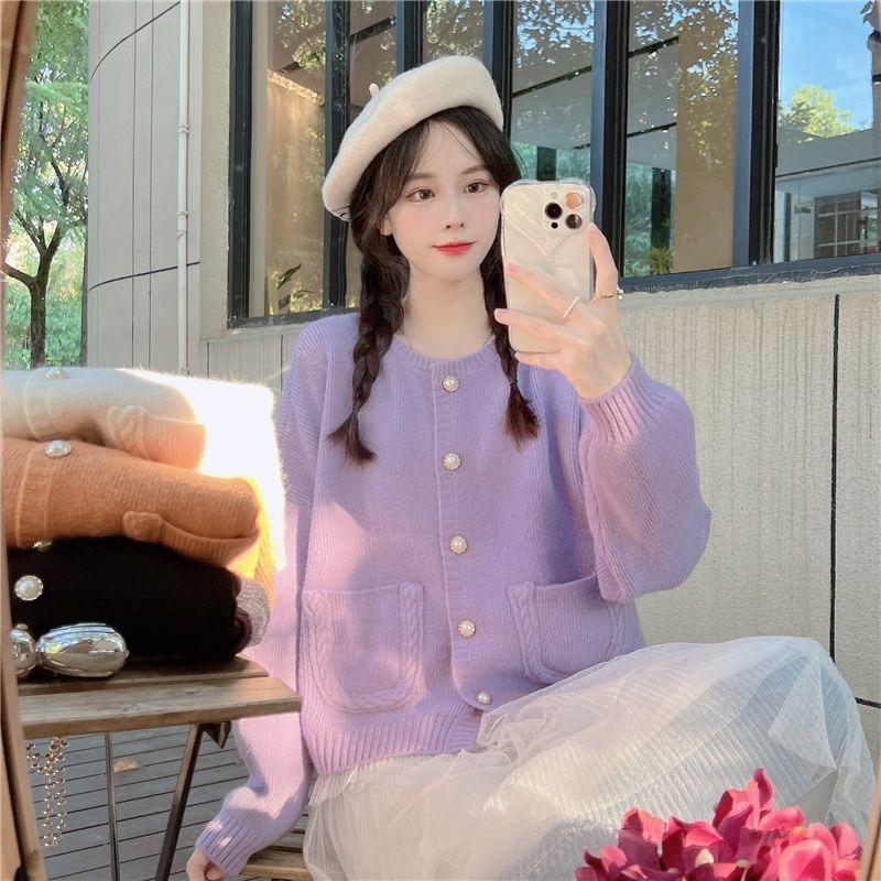 Кардиган, свитер, весенне-осенний свободный свитер с круглым вырезом, пальто, топ, женский мягкий клейкий милый однобортный вязаный кардиган