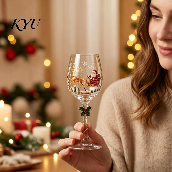 Decorative Wine Cups for Parties Christmas Glass, Santa Snowman Reindeer Stocking Tree Wreath Pattern Handcrafted Glassware Holiday Wine, Cocktails,
