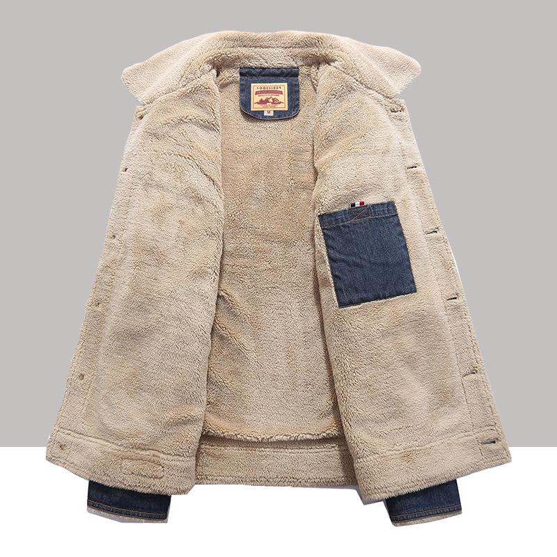 Winter Plush Thick Casual Jacket Men's Lamb Wool Denim Jacket Workwear Denim Cotton Jacket