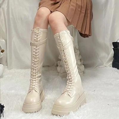 Модные женские ботинки, обувь черного цвета со шнурками, длинные, на шнуровке, байкерские, на платформе, зимние, до колена, высокие, для женщин, готическое качество 2000 года