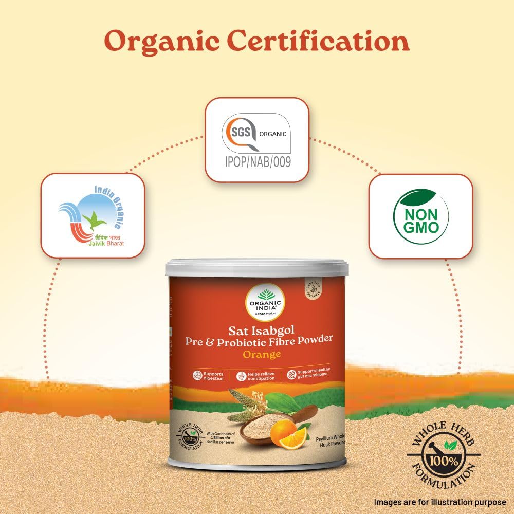 Organic India Sat Isabgol Pre & Probiotic Fibre Powder Orange 100g for Digestion and Gut Health