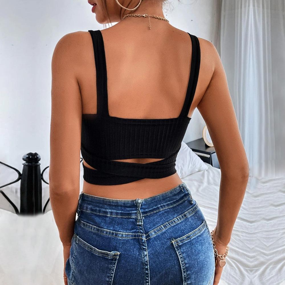 Women Summer Solid Color Hollow Out Casual Bare Midriff Vest Crop Top