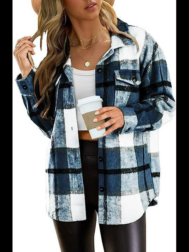 2024 Женская повседневная рубашка в клетку с длинным рукавом и большими карманами