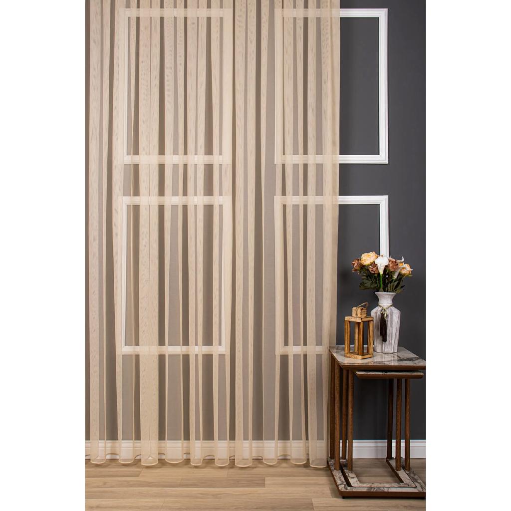 Crown Beige Plain Color Tulle Curtain Pleele Flat Strains, Extrafor Shirin, Single Wing