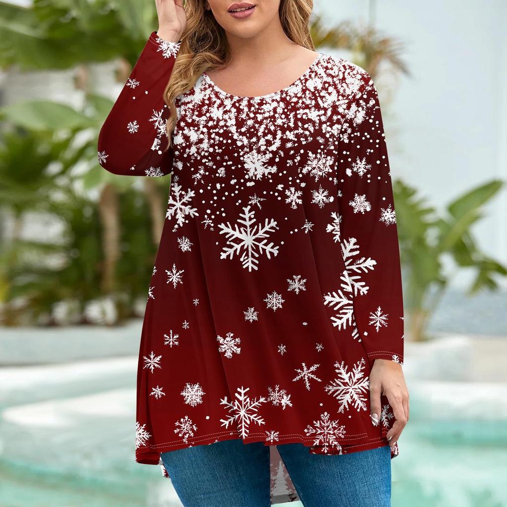 Женская мода большого размера с круглым вырезом и длинным рукавом, повседневный свободный пуловер с рождественским принтом