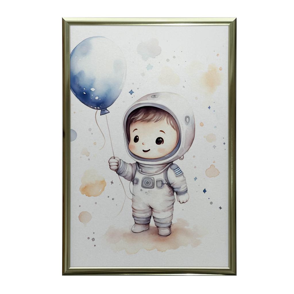 Journey Through the Stars With a Balloon In Hand Journey Through the Stars With a Balloon In Hand, 30X40 Cm, Light Oak Wooden Frame, Matte Paper 230 Gsm
