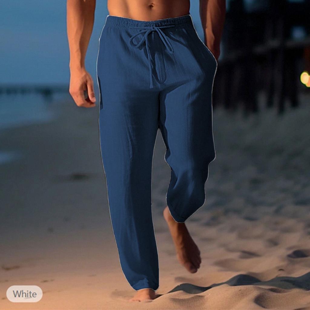 Брюки из хлопка и конопли, летние брюки, пляжные брюки, эластичный пояс на шнурке, прямые штанины, удобные, дышащие, повседневные мужские брюки