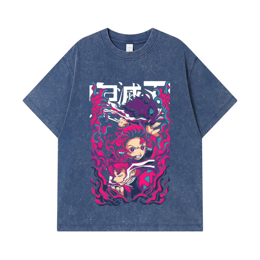 275 GSM Washed T-shirts 100% Cotton Demon Slayer V78 Print Unisex Heavy Cotton T Shirt