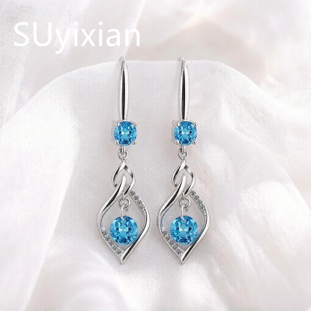 925 Silver Fashion Temperament Hollow Geometric Pink White Blue Zircon Earrings Birthday Party Anniversary Gift