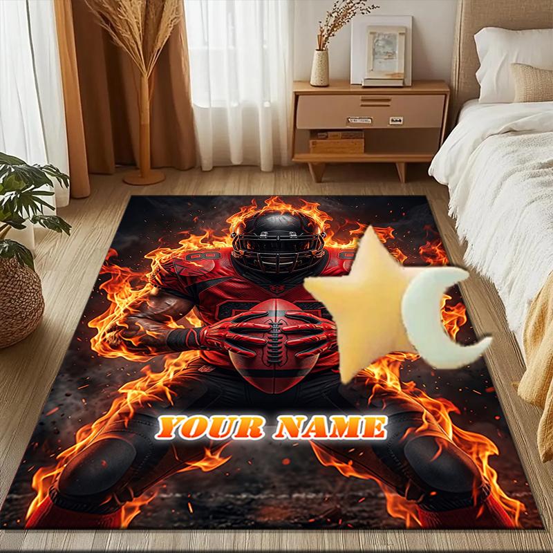 1PC Custom Name Flaming Football Player Theme Floor Mat Ideal for Living Room, Game Rooms, Office, Bedroom,Floor Mat Playful Design