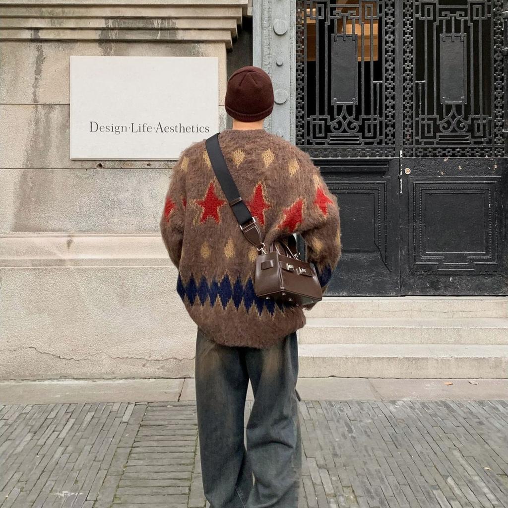 Рождественский винтажный свитер с круглым вырезом для мужчин, свободный повседневный вязаный кардиган Harajuku High Street на осень-зиму