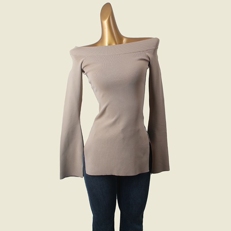French Style Design off-the-Shoulder Sweater Fashion Wind Flare Sleeve Sexy Clavicle Sexy Autumn Undershirt