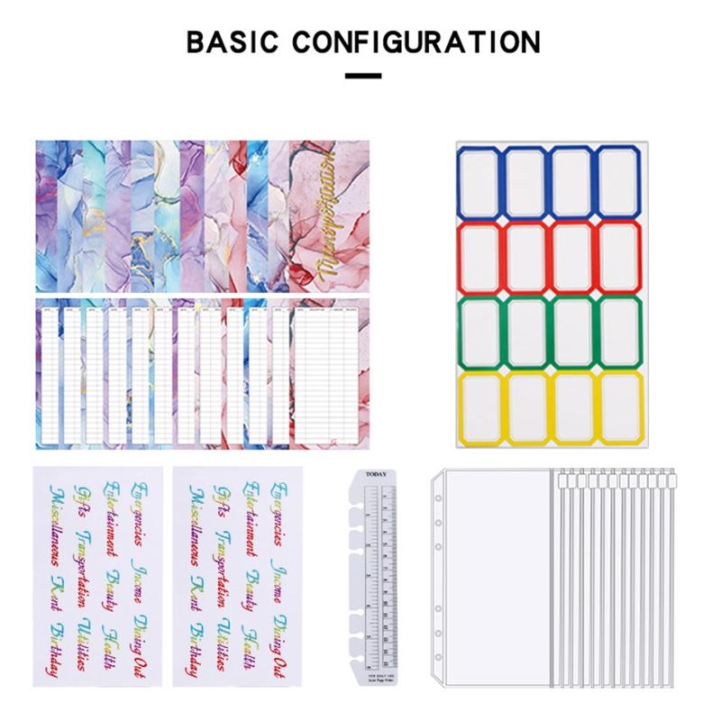 Marble A6 Budget Binder for w/ Budget Sheets Cash Envelopes Bag Colored Label Stickers for Budgeting Cash Budget Organiz