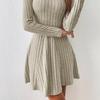 2024 Women's Gentle Style Solid Color Knit Dress - Round Neck, Waist-Hugging, Long Sleeve