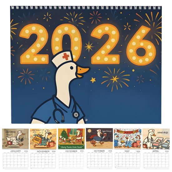 Nurse Goose Wall Calendar 2026 12-Month Themed Design Daily Events Organizer Coil Binding Thick Paper Desk Calendar for Daily Planning