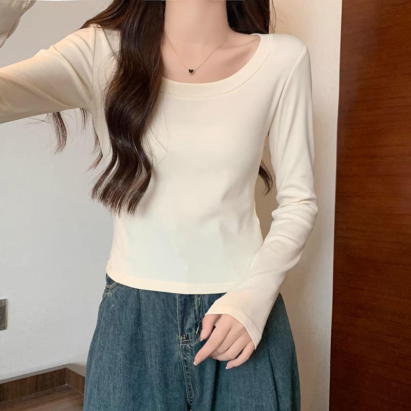 American white front shoulder slim-fitting long-sleeved T-shirt women's early autumn new foreign-style versatile small short bottoming top