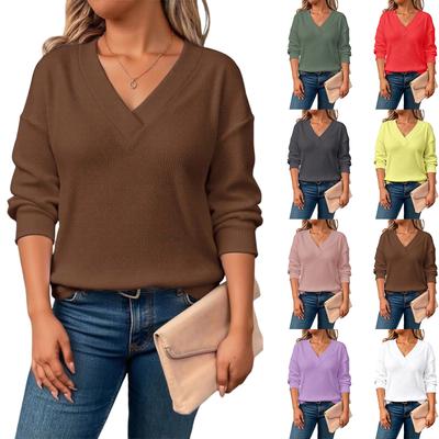 Женская удобная свободная модная повседневная однотонная футболка с V-образным вырезом и длинным рукавом большого размера