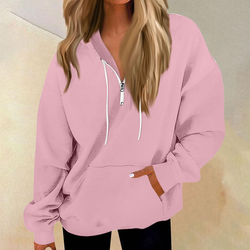 Women's Casual Fashion Long Sleeve Solid Color Zip Pullover Hoodies Sweatshirt Top