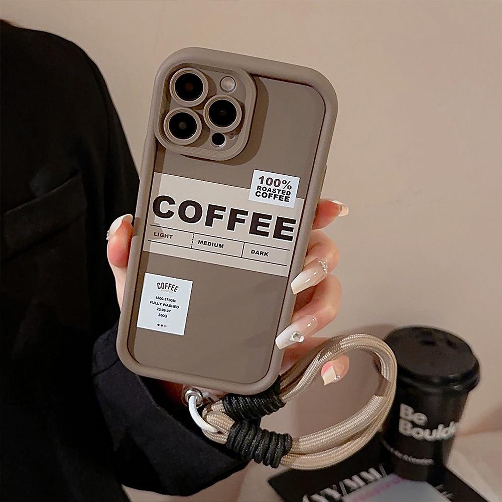 Coffee English label Apple 17 Pro Max phone case iPhone 15 retro 11 compatible 14 hand strap 16 Huawei