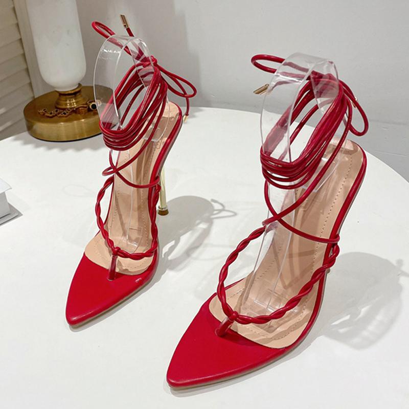 Женские модные сандалии-гладиаторы на каблуке с ремешками, сексуальные свадебные туфли с острым носком и узкой полосой на шпильке, вечерние свадебные туфли красного цвета
