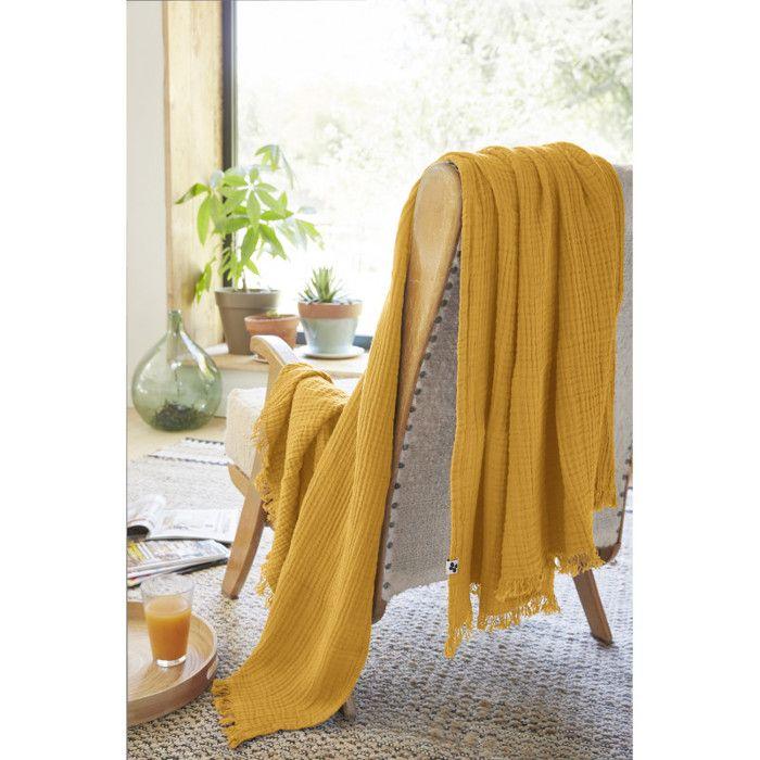 Fringed Blanket "Gaïa" All Sizes "Cotton Gauze" - Gaïa Safran - 130 X 160 Cm