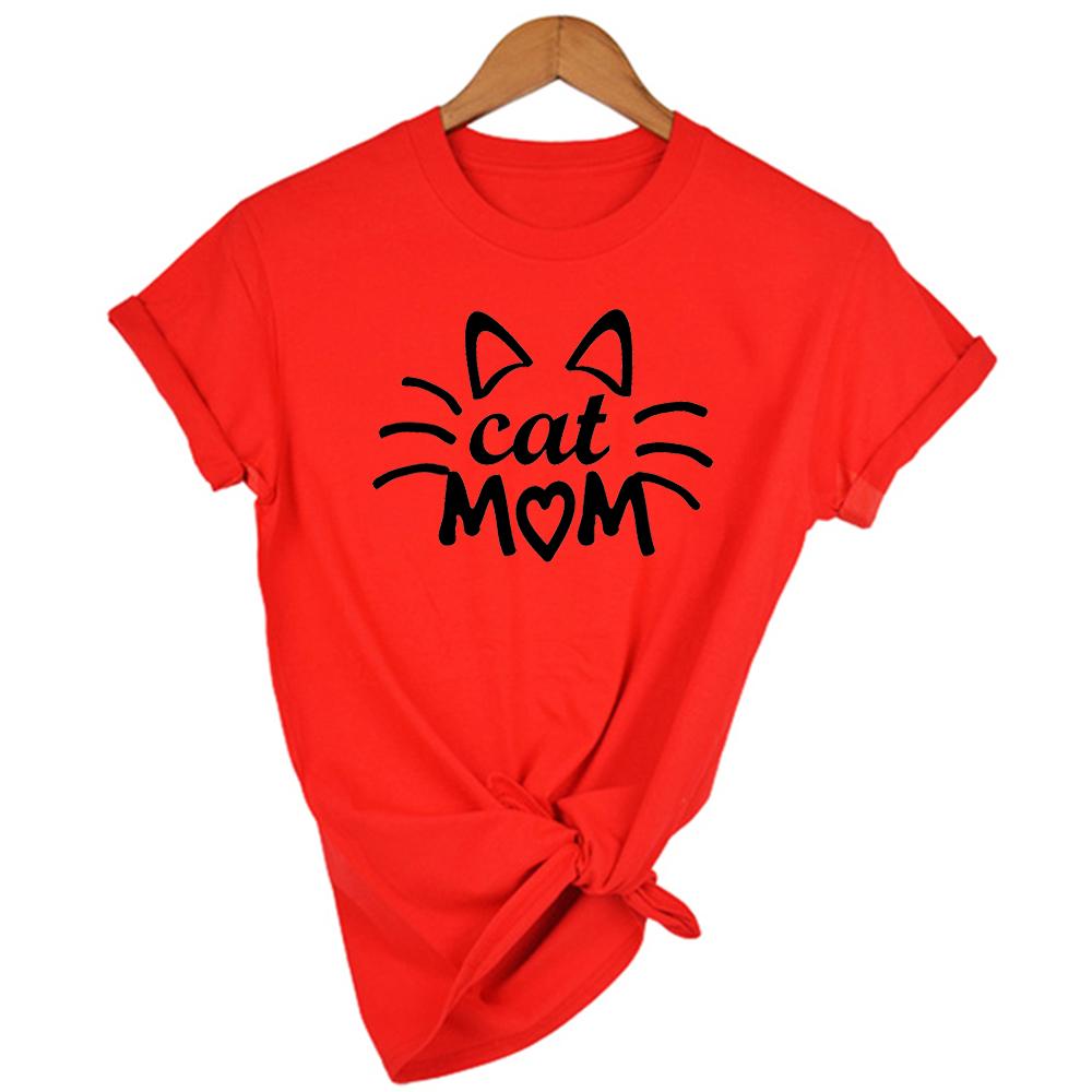 Stay At Home Cat Mom Print Women Shirts Casual Cute Cartoon White Summer Short Sleeve O