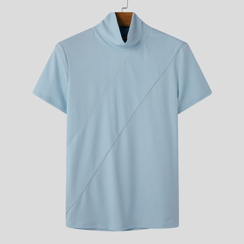 INCERUN Летние мужские футболки с высоким воротом и коротким рукавом в рубчик, облегающие повседневные футболки, топы