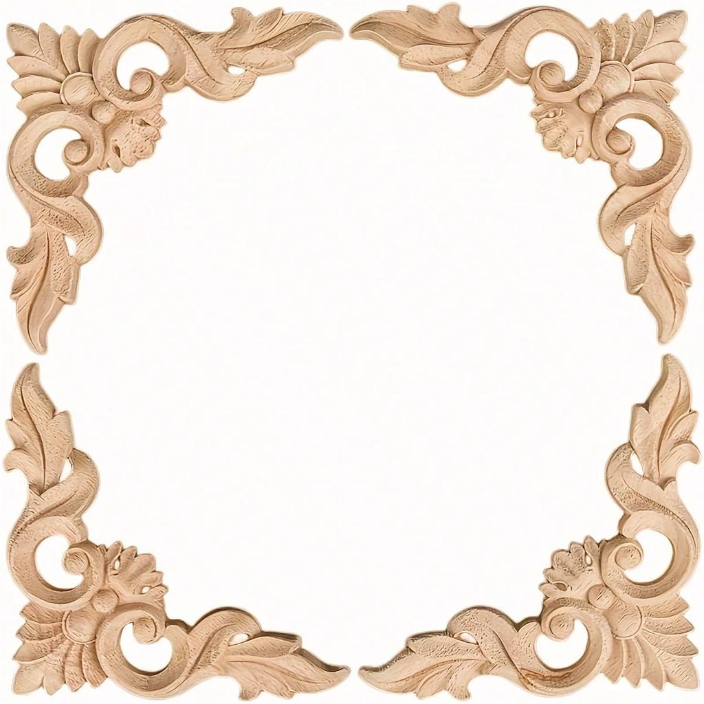 4 шт. Деревянные резные аппликации, накладки, неокрашенные маленькие деревянные уголки, цветочные резные наклейки для зеркал, шкафов, стен, дверей