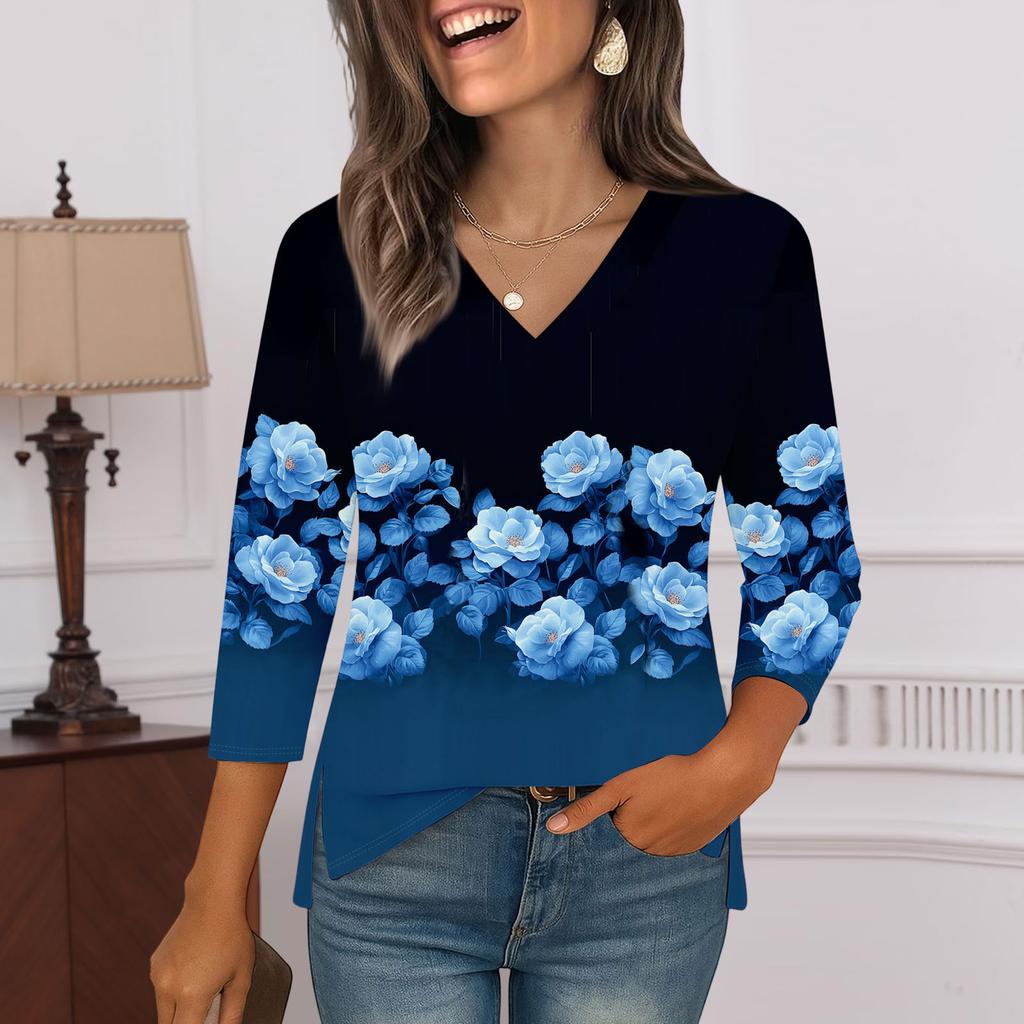 3/4 Sleeve Shirts For Women Print Graphic Tees Blouses Casual Plus Size Basic Tops Pullover