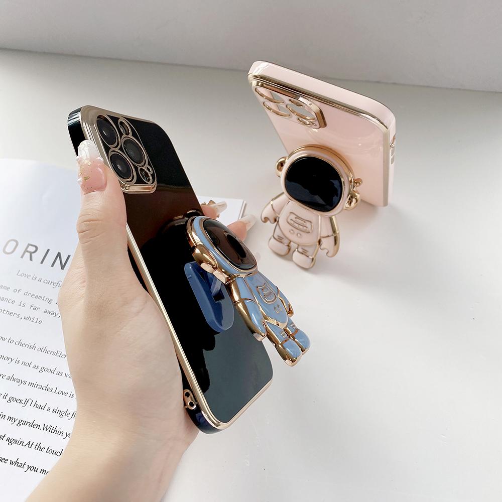 Мягкий чехол из ТПУ для телефона с держателем астронавта с золотым покрытием и краем для Samsung S23 S24 Ultra A15 A35 M54 Huawei P40 Honor 90 Lite, задняя крышка