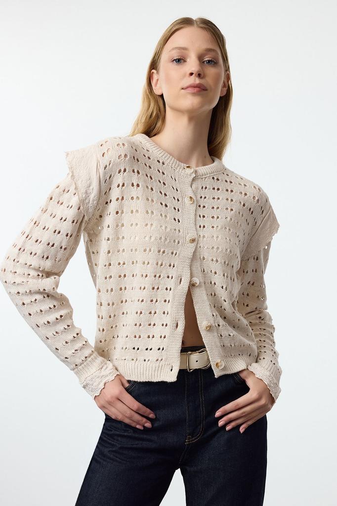 Women's Fashionable Stylish Cardigan Ecru Lace Detailed Openwork Perforated Knitwear Cardigan