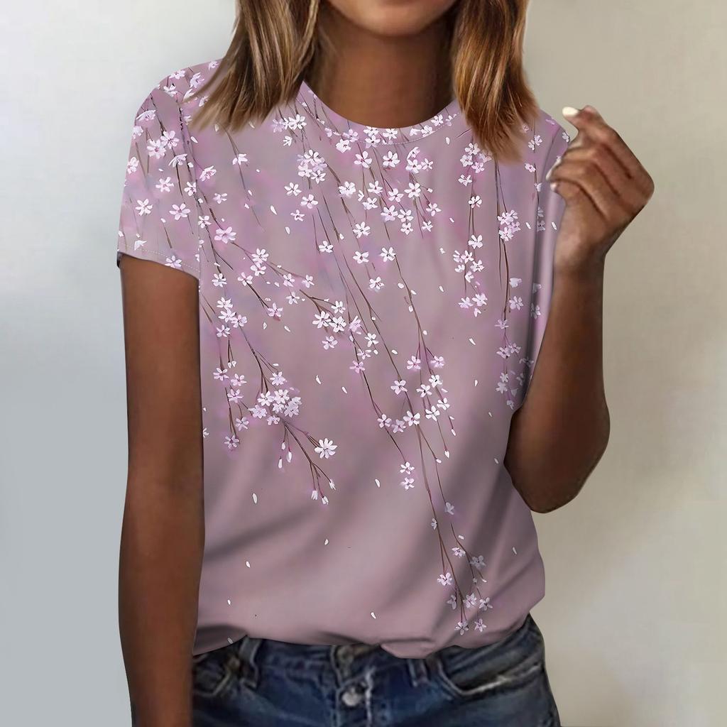 Women's Fashion Casual Short Sleeve Flower Print Round Neck Pullover Top Blouse